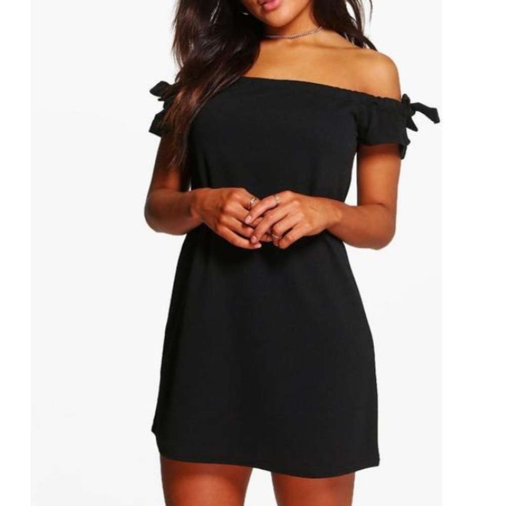 Black Off the Shoulder Tie-Sleeve Dress